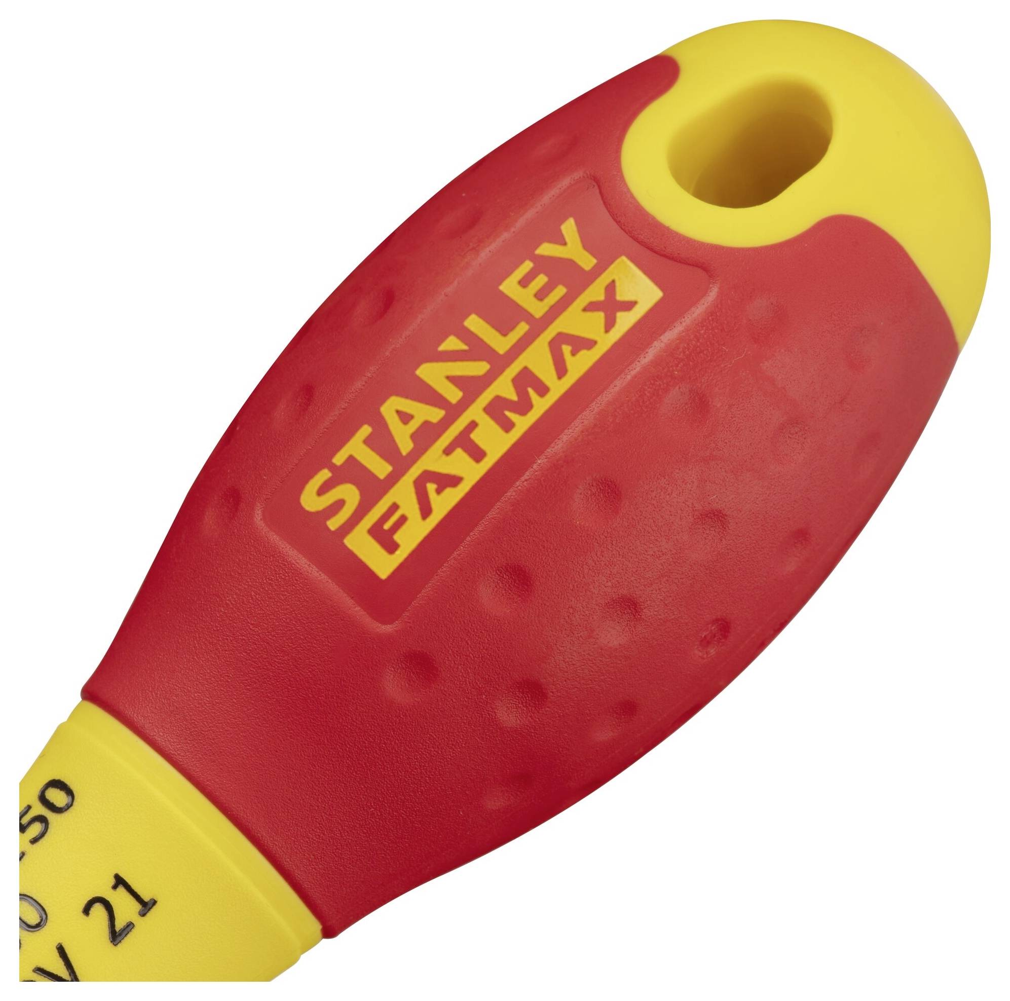Handle of a red and yellow screwdriver with the inscription 'STANLEY FATMAX'.