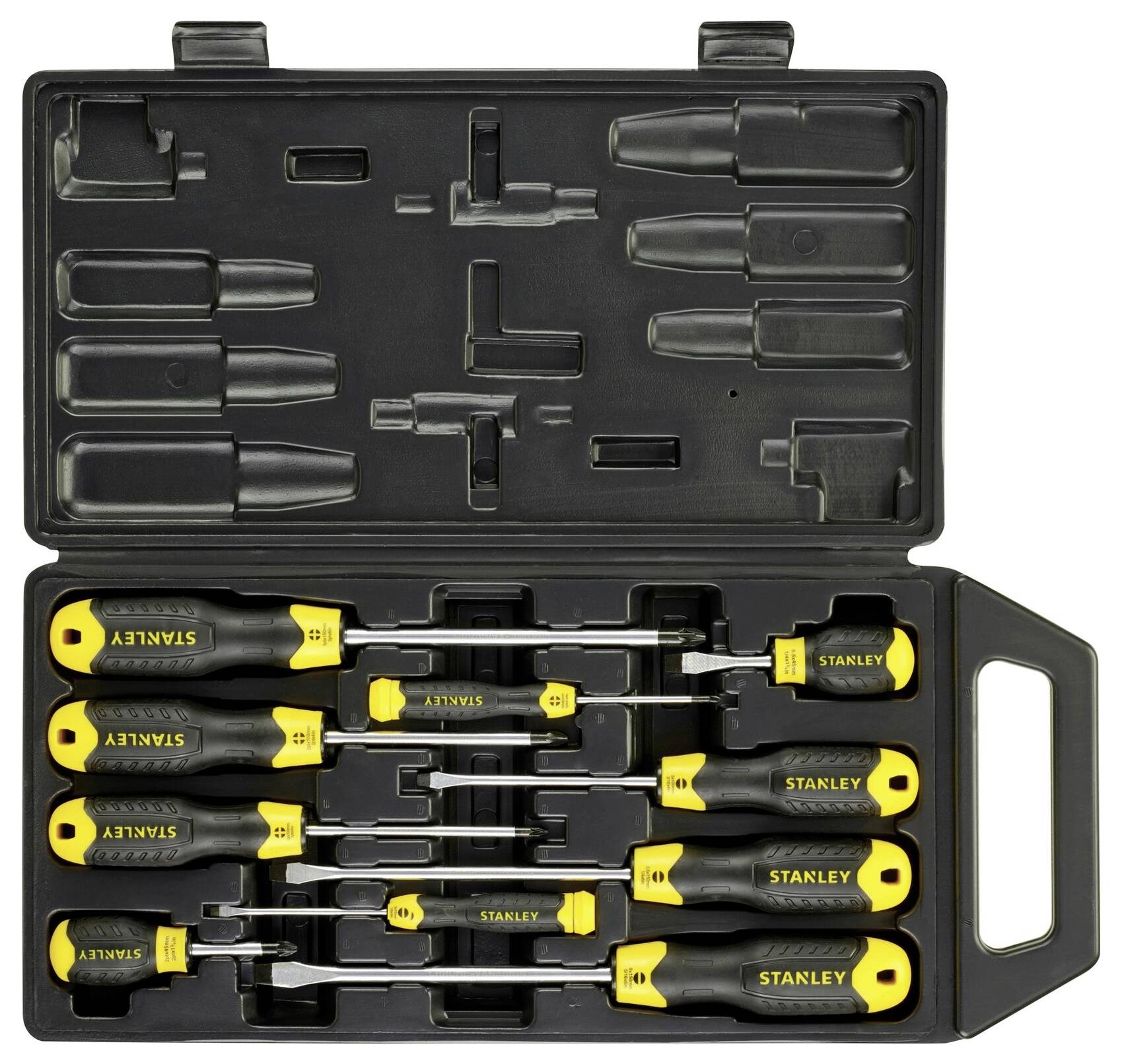 A set of seven screwdrivers with black handles in a yellow holder. 'Stanley' is printed on each handle.