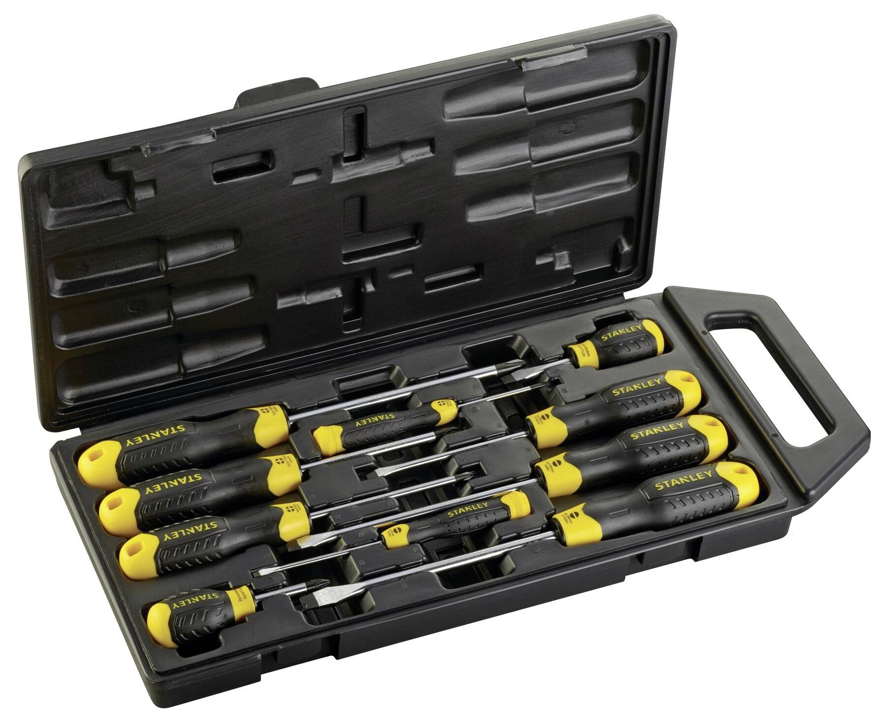 Screwdriver set in a black plastic case. Contains multiple screwdrivers with yellow handles, neatly arranged.