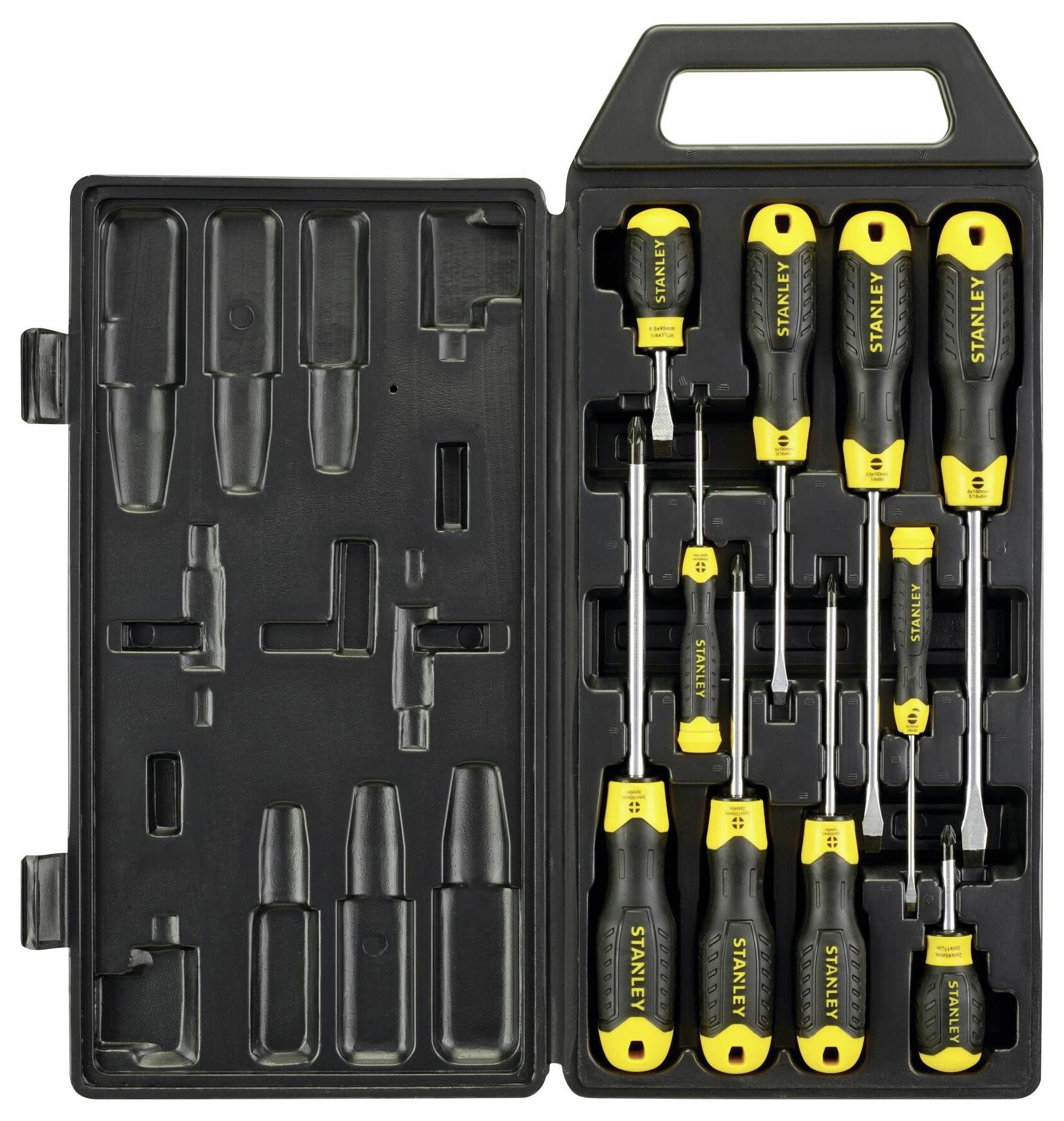 Screwdriver set with yellow and black handles in an open plastic case. Eight tools with various blade lengths.
