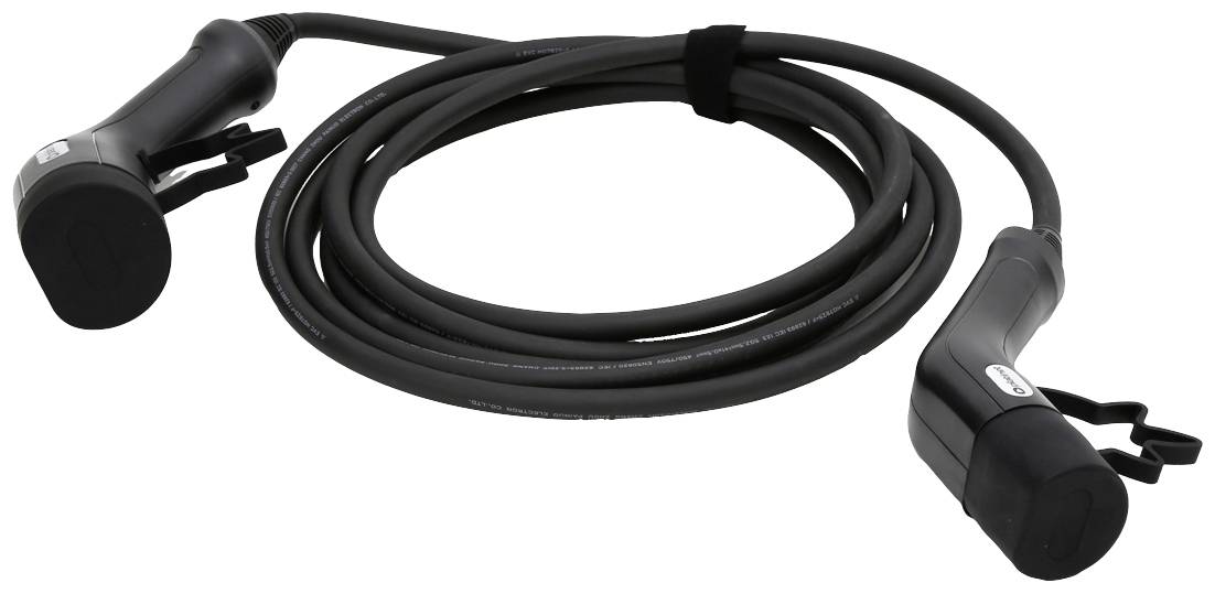 A black charging cable for electric vehicles with two plugs at the ends, coiled and ready for use.