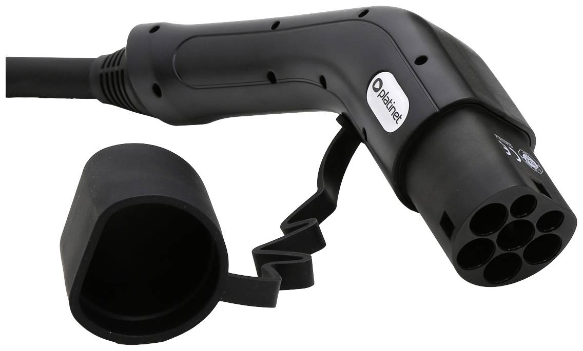Black charging cable for electric vehicles with protective cap, showing plug with multiple sockets.