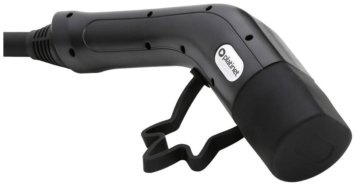 A black handle with a cable, presumably a handheld scanner, with a label 'plakiet' and a mounting bracket, on a white background.