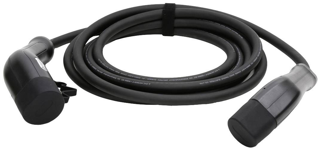 Black electrical cable with two large connectors at the ends, coiled and secured with a hook and loop fastener.