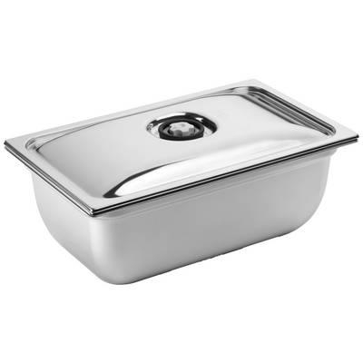 Rectangular stainless steel catering containers with lids, commonly used in commercial kitchens for food storage. High-gloss polished surface.
