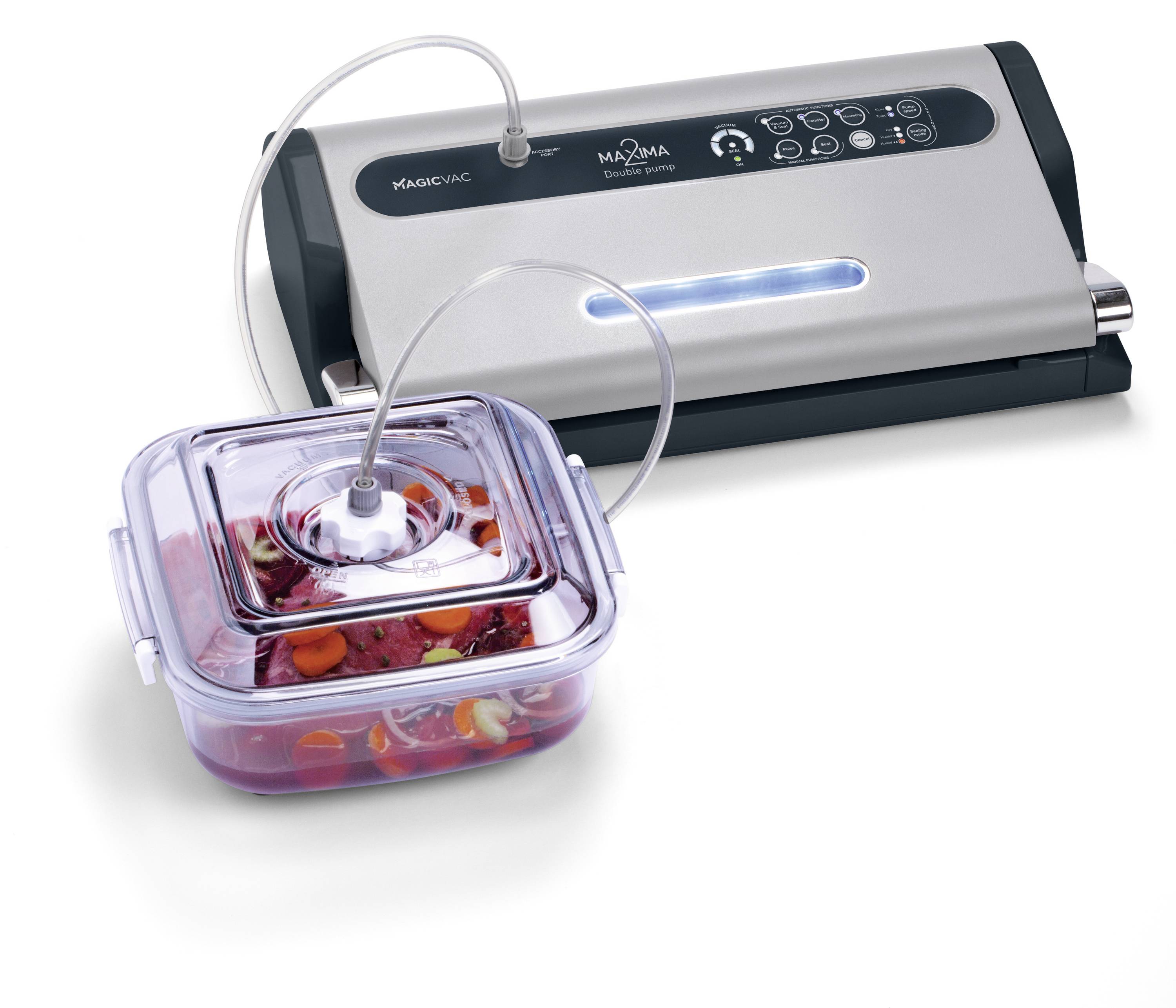 Vacuum sealer with container: Fresh vegetables in a sealed container, connected to a tube for airtight preservation.