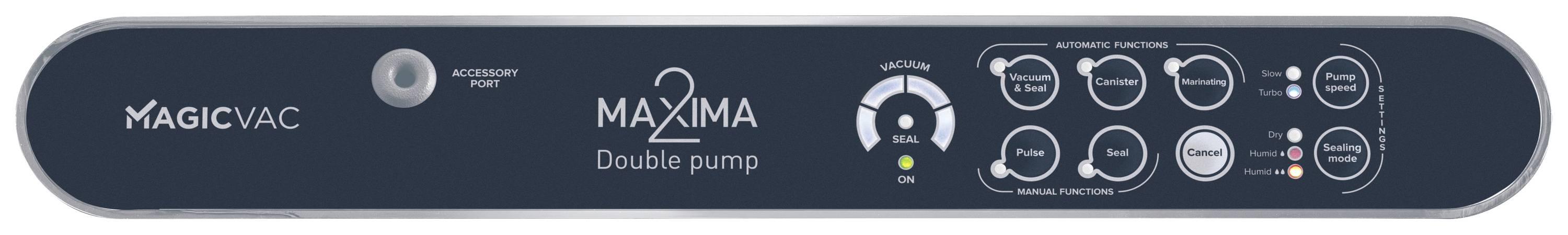 Front view of a black vacuum sealing device with a control panel. Contains a Maxima 2 Double Pump text in the top right.