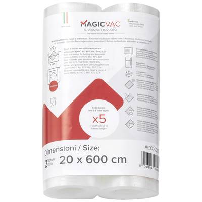 Two rolls of vacuum storage bags with 'MagicVac' printed on them. Dimensions: 20 x 600 cm. Suitable for keeping food fresh.