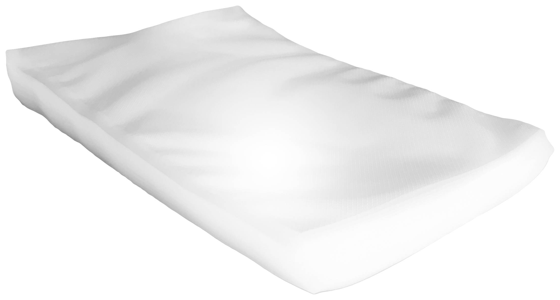 A large, white cushion with a smooth surface, lies flat on a white background.