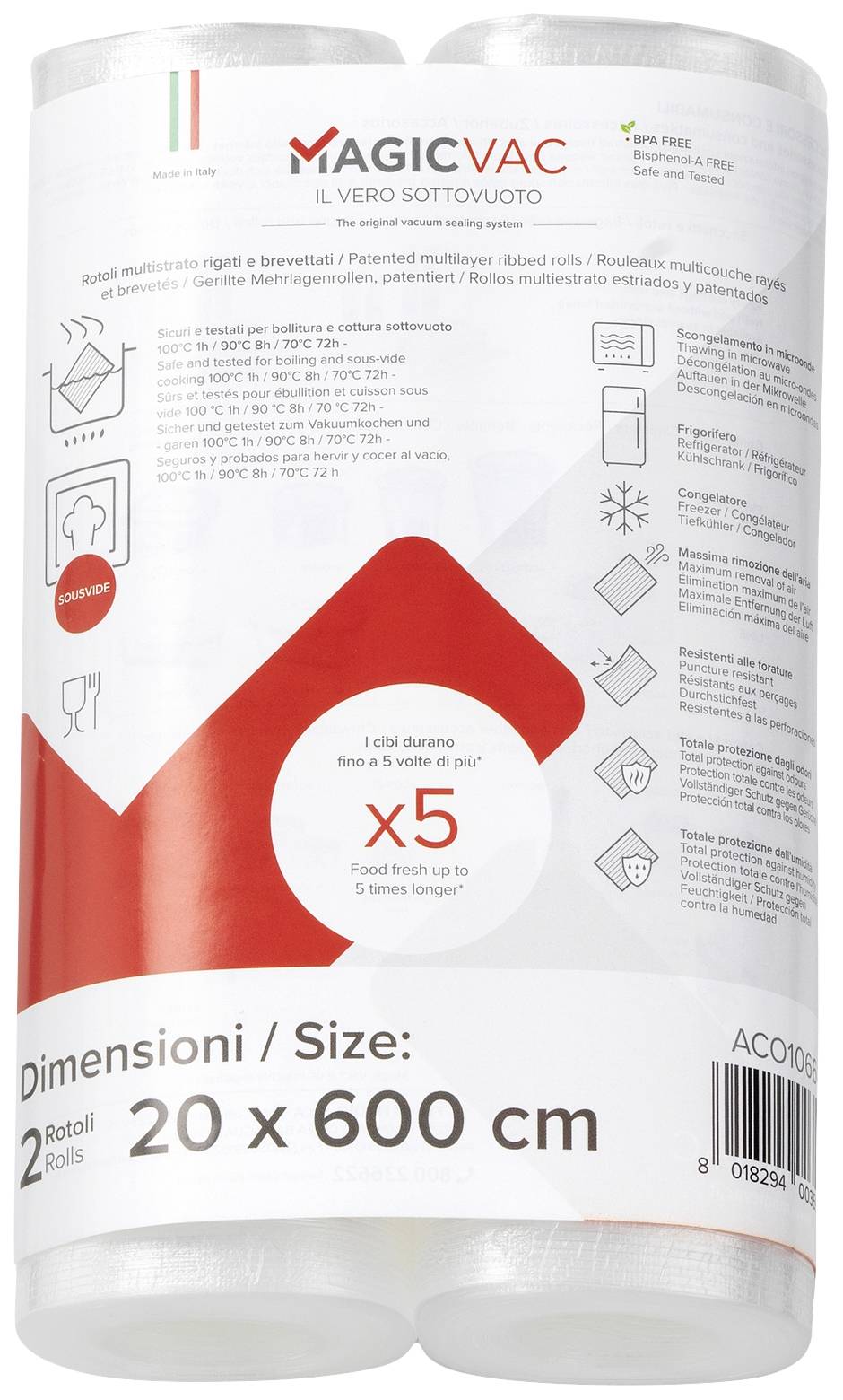 'Two rolls of vacuum sealing film, each 20 x 600 cm, for food storage. Extends shelf life by five times.'