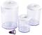 Three transparent, cylindrical vacuum containers with white lids in various sizes, with a purple pump on the left.
