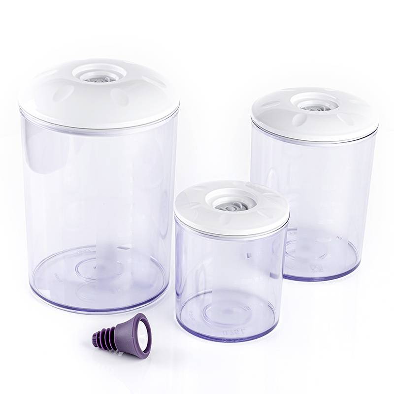 Three transparent plastic containers with white lids in various sizes, alongside a small purple sealing stopper.