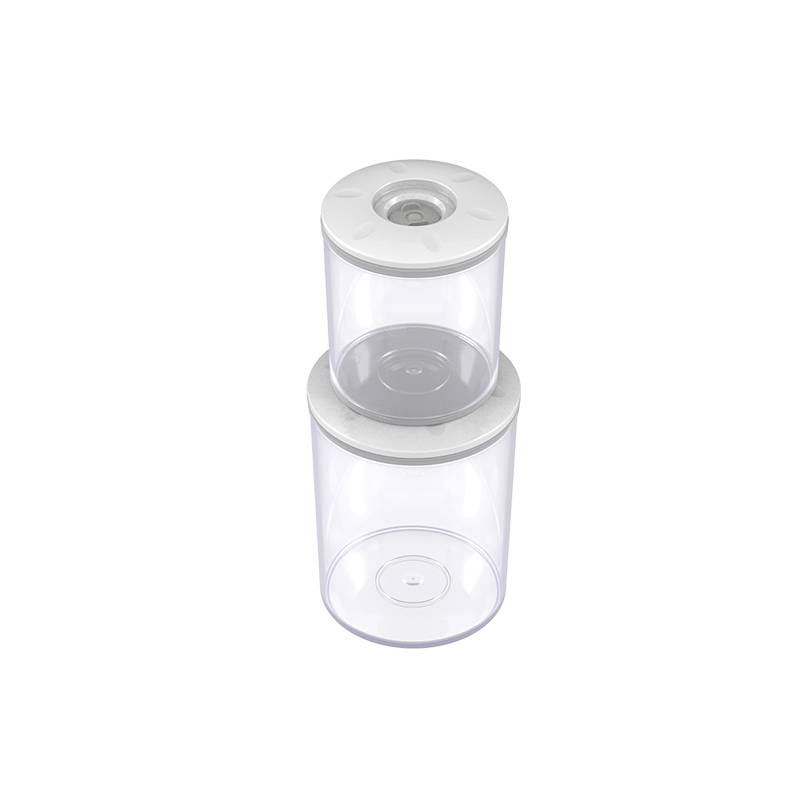 Two transparent, cylindrical containers with white lids, stackable on top of each other. They appear suitable for food storage.