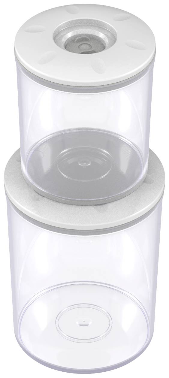 Two transparent plastic cylinders with white lids, stacked on top of each other. The upper cylinder shows a silver opening.