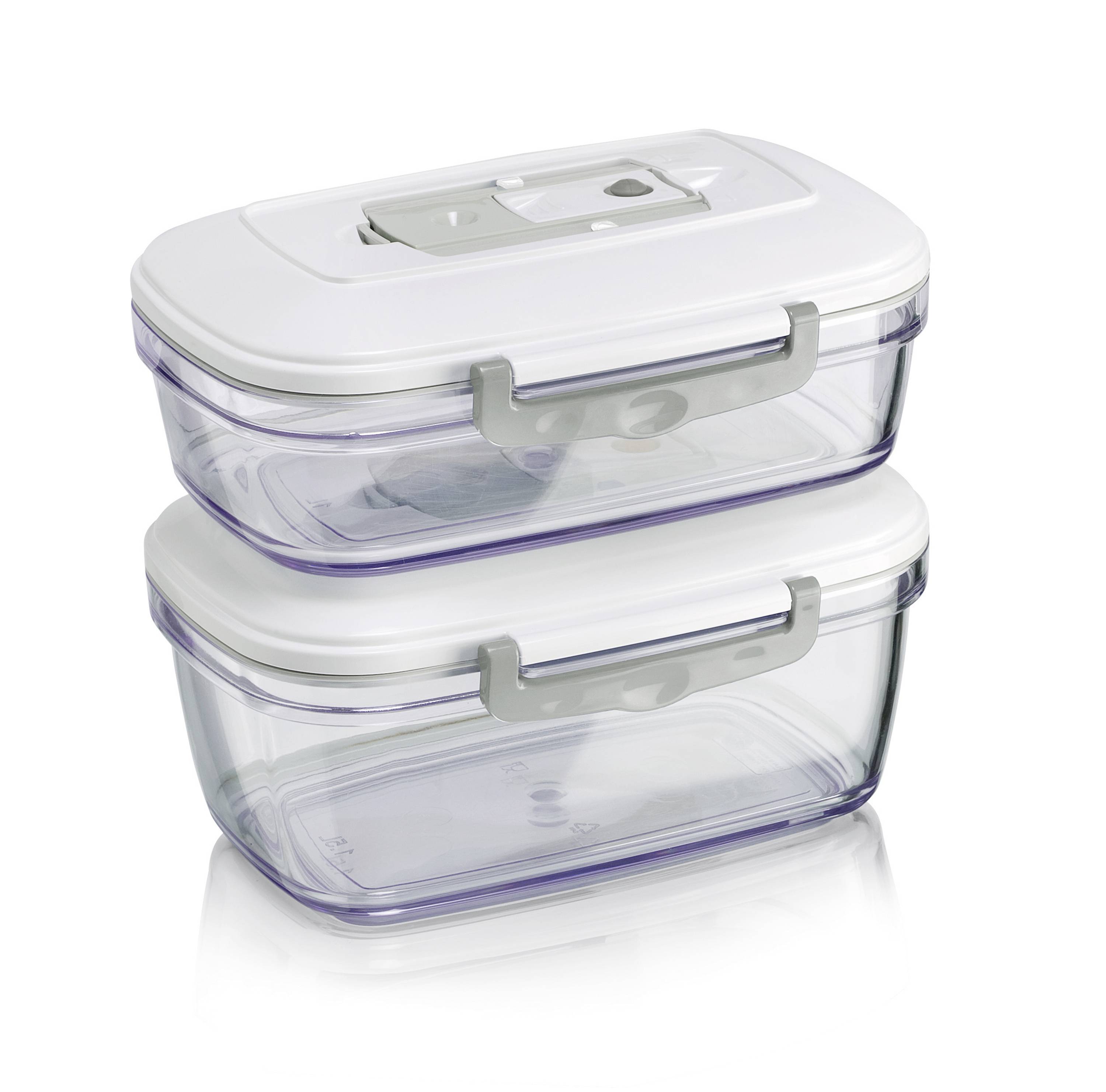 Two stacked, rectangular glass containers with white lids and grey seals. Ideal for food storage.