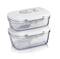 Two stacked, rectangular glass containers with white lids and grey seals. Ideal for food storage.