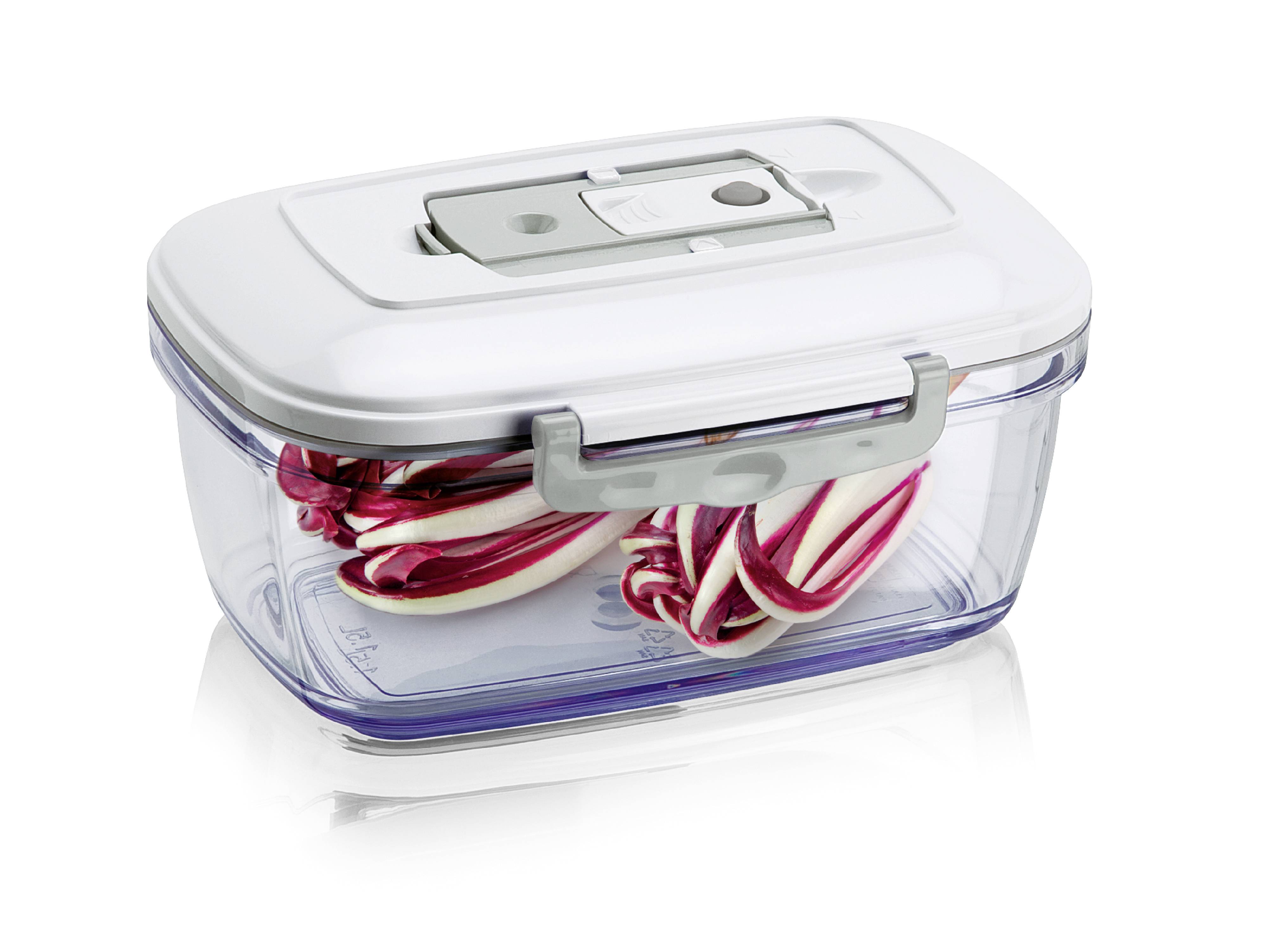 A transparent plastic food storage container with a white lid, filled with red and white candy sticks.