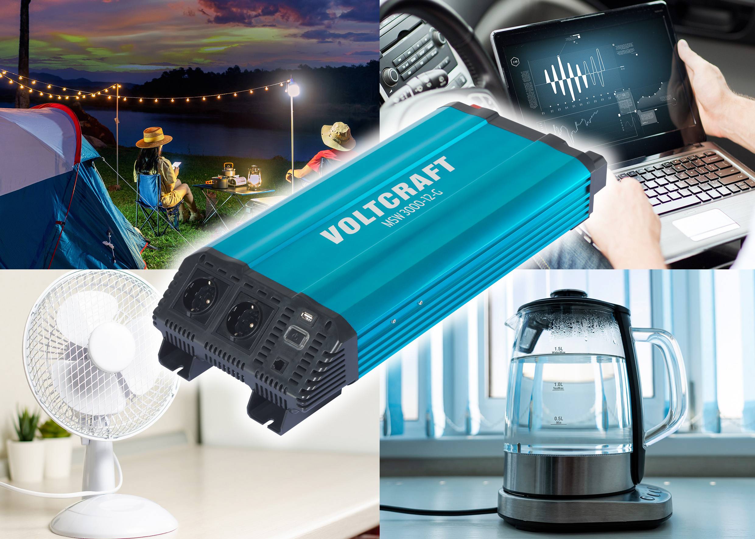 'Collage: Campers in a tent camp, blue voltage converter, fan, kettle, car with tablet diagram; energy conversion.'