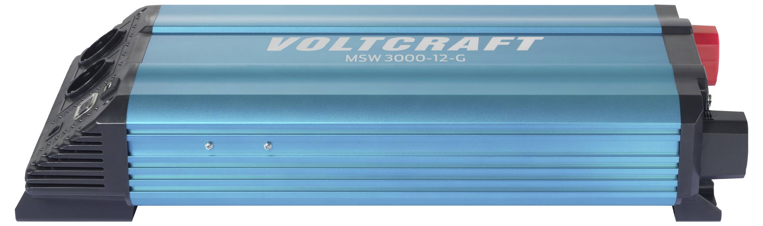 Blue voltage converter 'Voltcraft MSW 3000-12-G' with black and red connectors on the right-hand side.