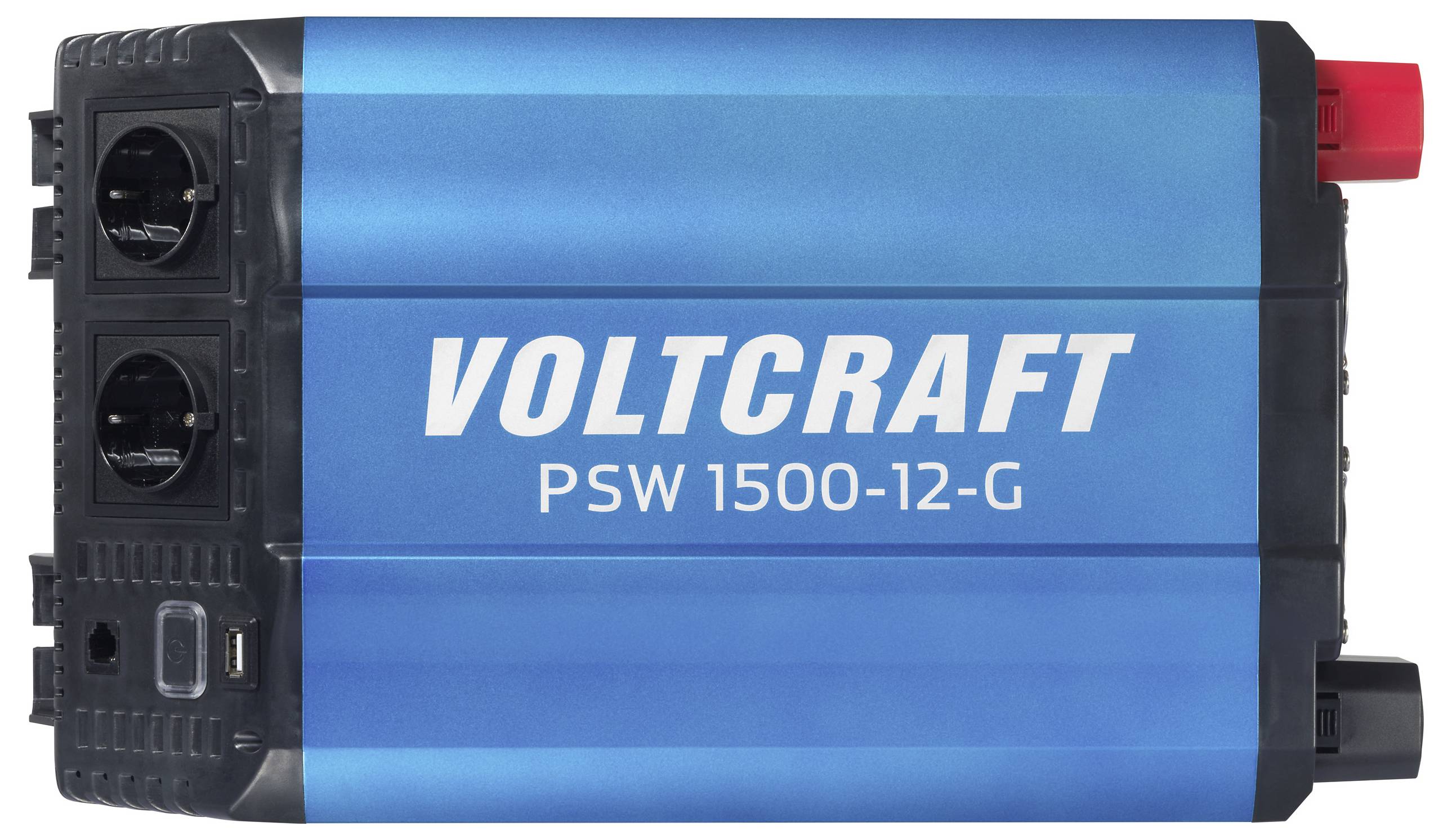 Blue power inverter 'Voltcraft PSW 1500-12-G', two plug sockets on the left, red connection on the right. Inverter power output 1500 watts.