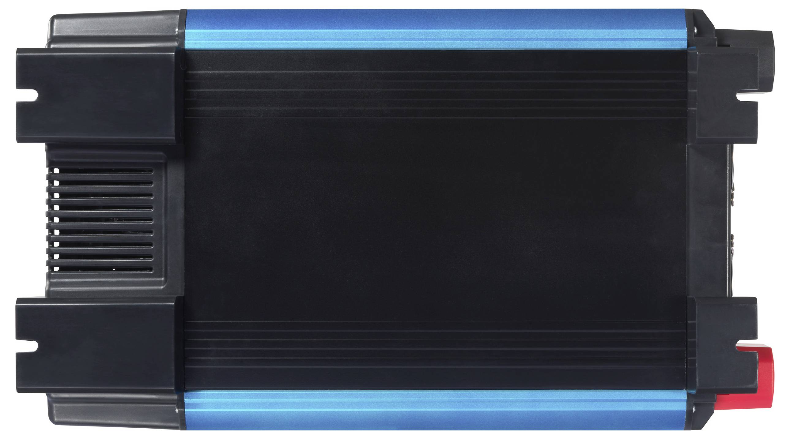 A modern, blue and black inverter with heat sinks on the left side, suitable for electrical conversion purposes.