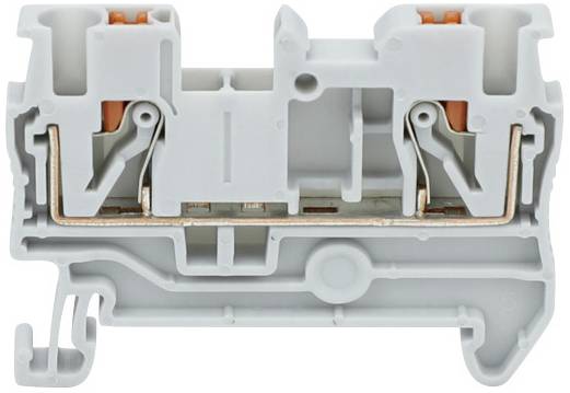 A grey, rectangular electrical terminal block with orange and copper components used for connecting wires.