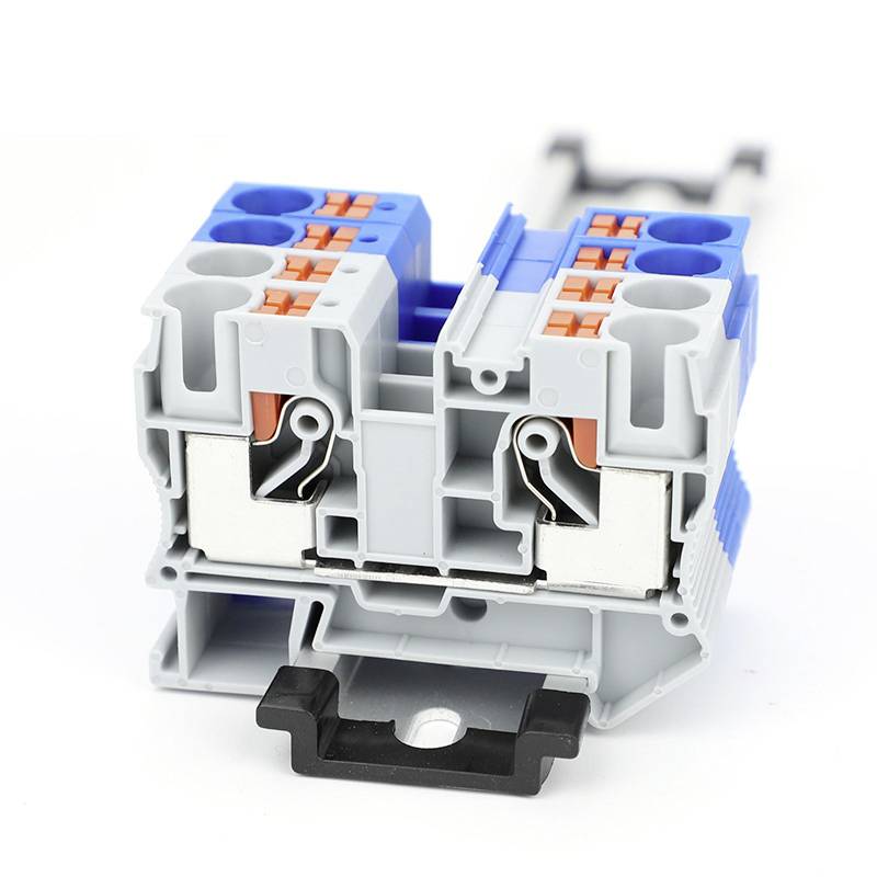 A blue and grey electrical connector with multiple ports on a white background. Main components and openings visible.