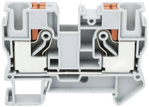 Grey electrical terminal block with two metal conductors and orange locking elements, suitable for control panels.