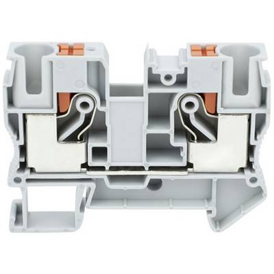 Grey electrical terminal block with two metal conductors and orange locking elements, suitable for control panels.