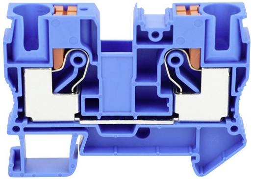 Blue electrical terminal block with metal conductors and orange pushers, used for securely connecting cables.