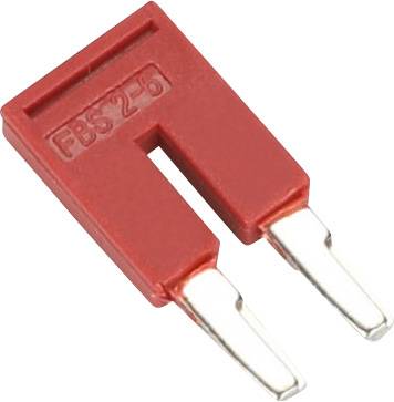 Red connection plug with inscription 'FBJS 2-6', consisting of two parallel metal contacts.