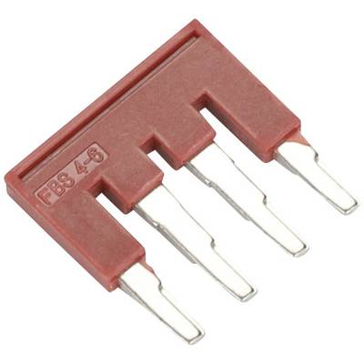 A red bridge plug with four metallic pins, labelled 'FBS 4-8', used for electrical connections on printed circuit boards.