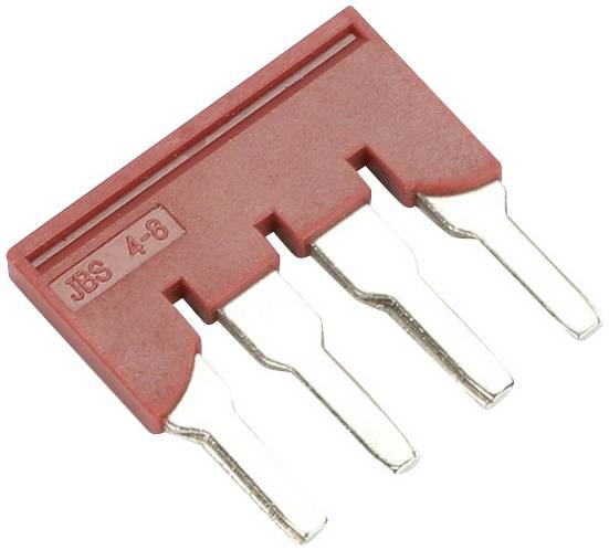 A red jumper block with four metallic pins, marked with 'JB 4-3', is used for electrical connection in printed circuit boards.