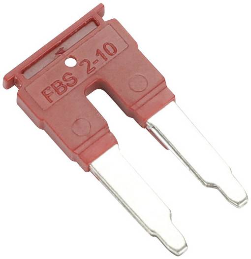 A red bridge terminal block with the inscription 'FBS 2-10', suitable for electrical applications, for connecting conductor rails.