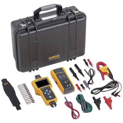 A tool case with an electrical testing device, cables, batteries, and clamps, ready for electrical fault finding and measurements.