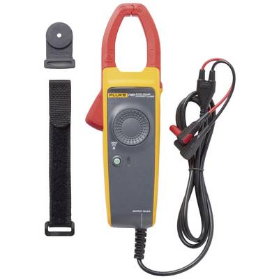 Fluke electrical current clamp meter with a yellow and red casing and cable. Includes mounting clip and hook-and-loop fastener.