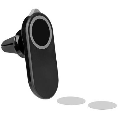 Black magnetic mobile phone holder for the car, to be attached to air vents, with two round metallic plates.