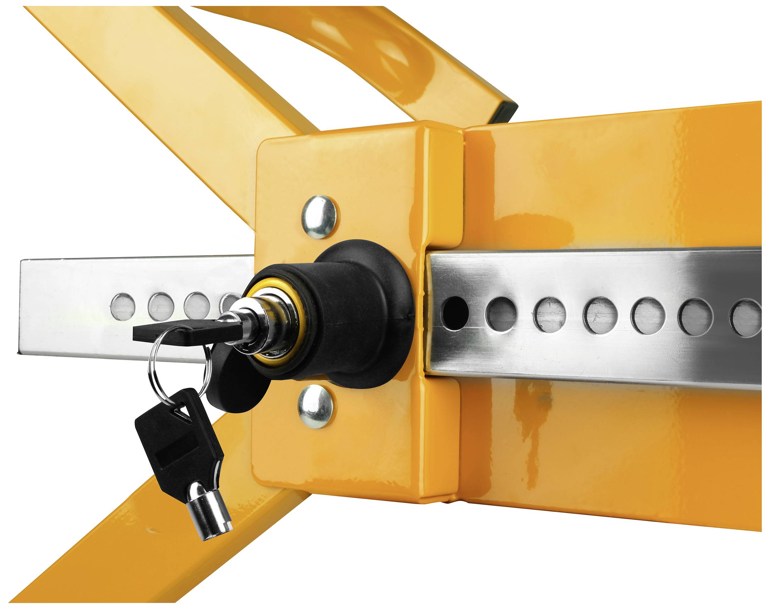 Yellow wheel clamp with lock and key, attached to a metal frame. It is used to prevent vehicle theft.