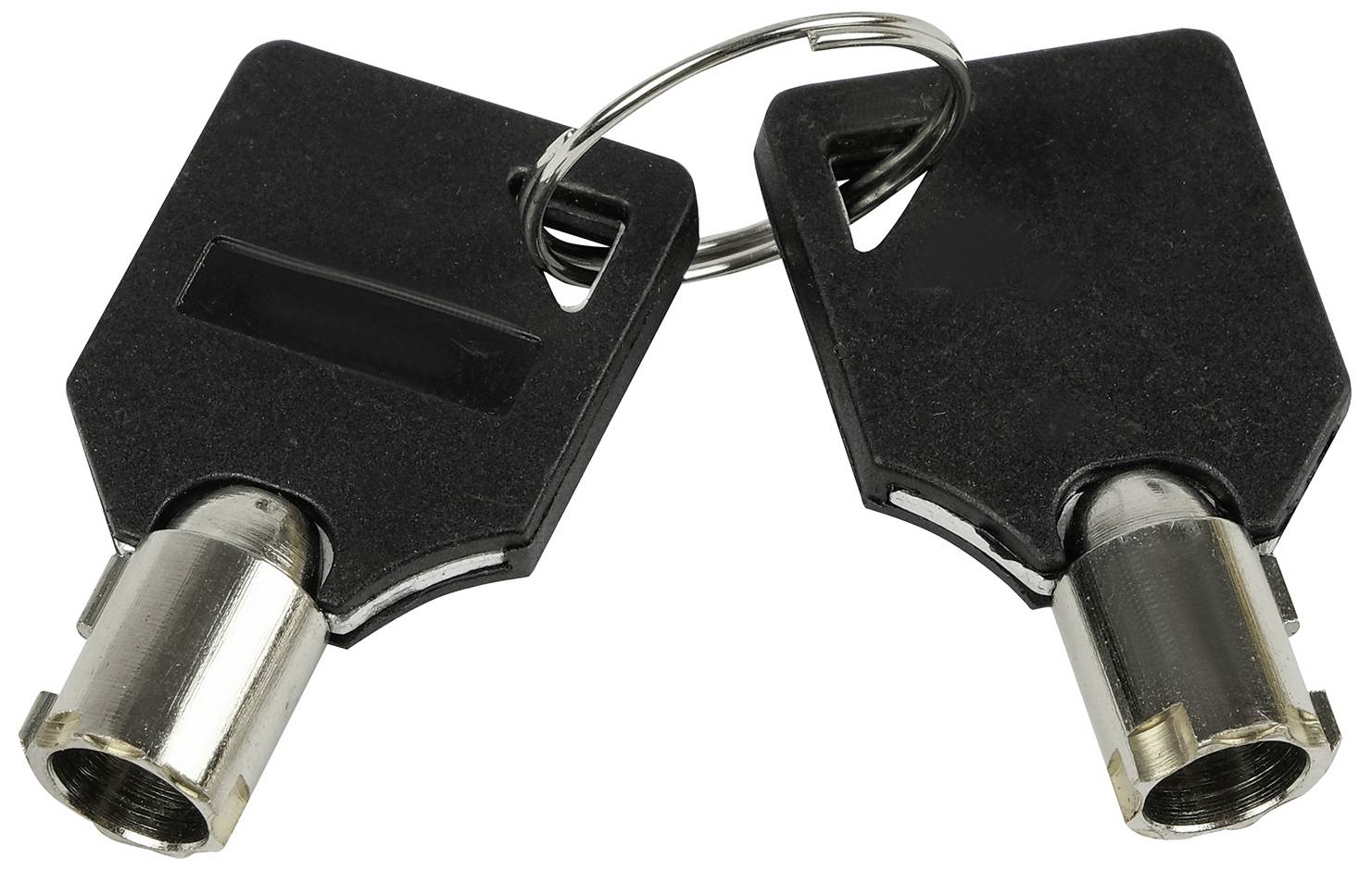 Two black keys on a ring in a typical position for unlocking.