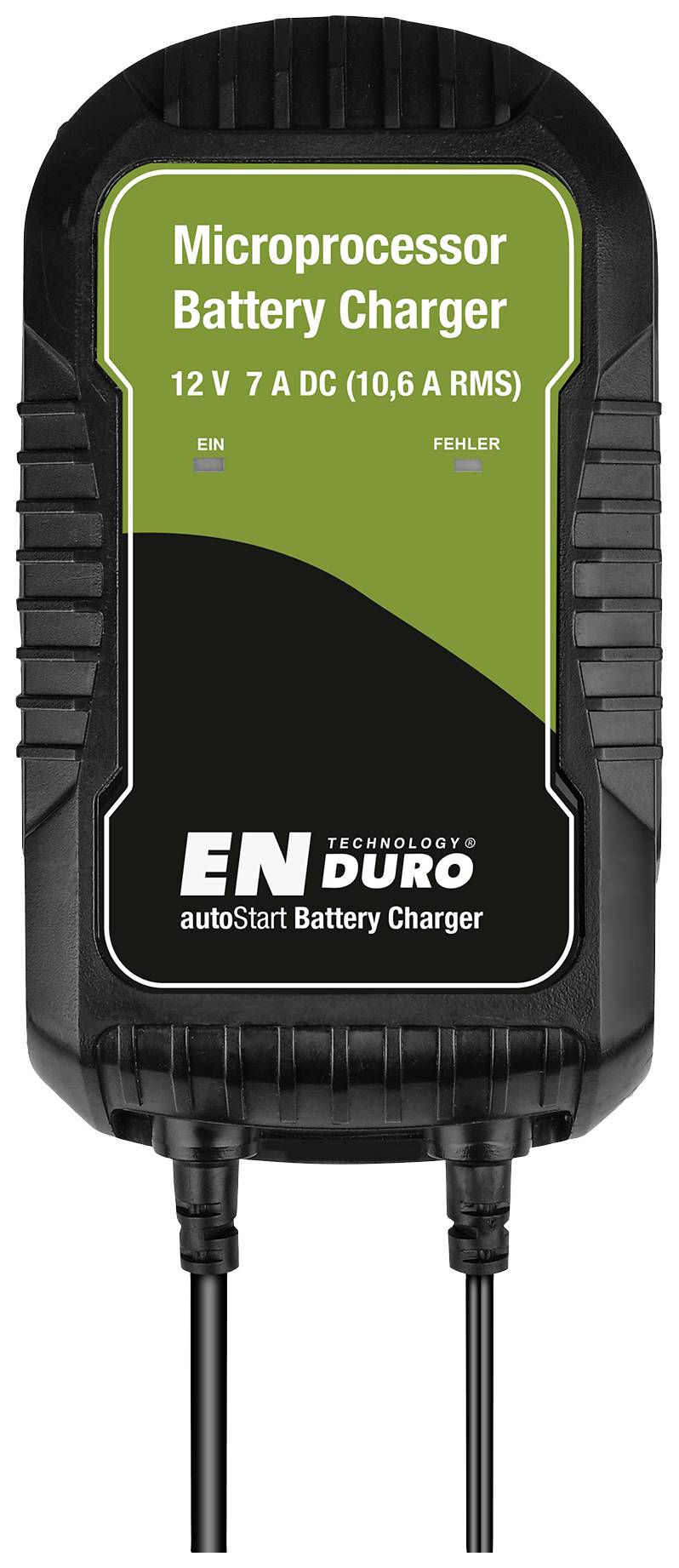 Battery charger with the inscription 'Microprocessor Battery Charger, 12V 7A DC (10.6 A RMS)'. Brand name and status indicators present.