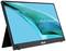 A portable ASUS ZenScreen monitor with a blue screen background, supported by a stand, shown from a side view.