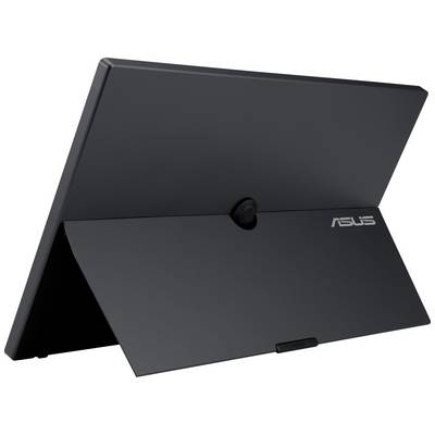 Rear view of a portable black monitor by ASUS with a foldable stand, perfect for mobile working.