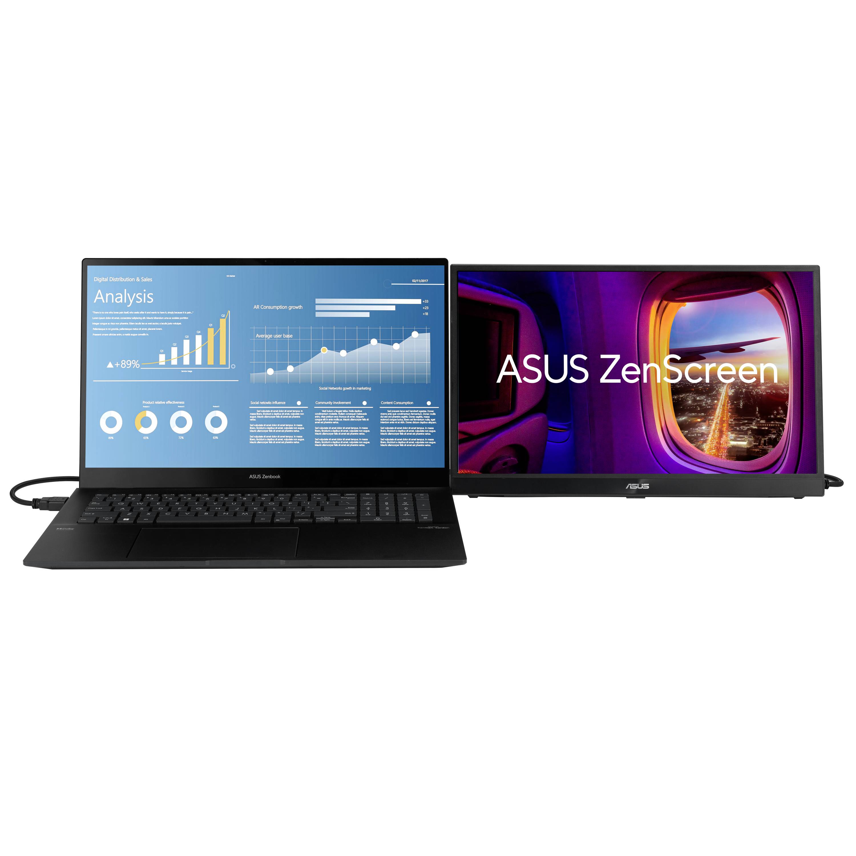 Two screens, one with a data analysis diagram and the other displaying 'ASUS ZenScreen', connected for extended monitor usage.