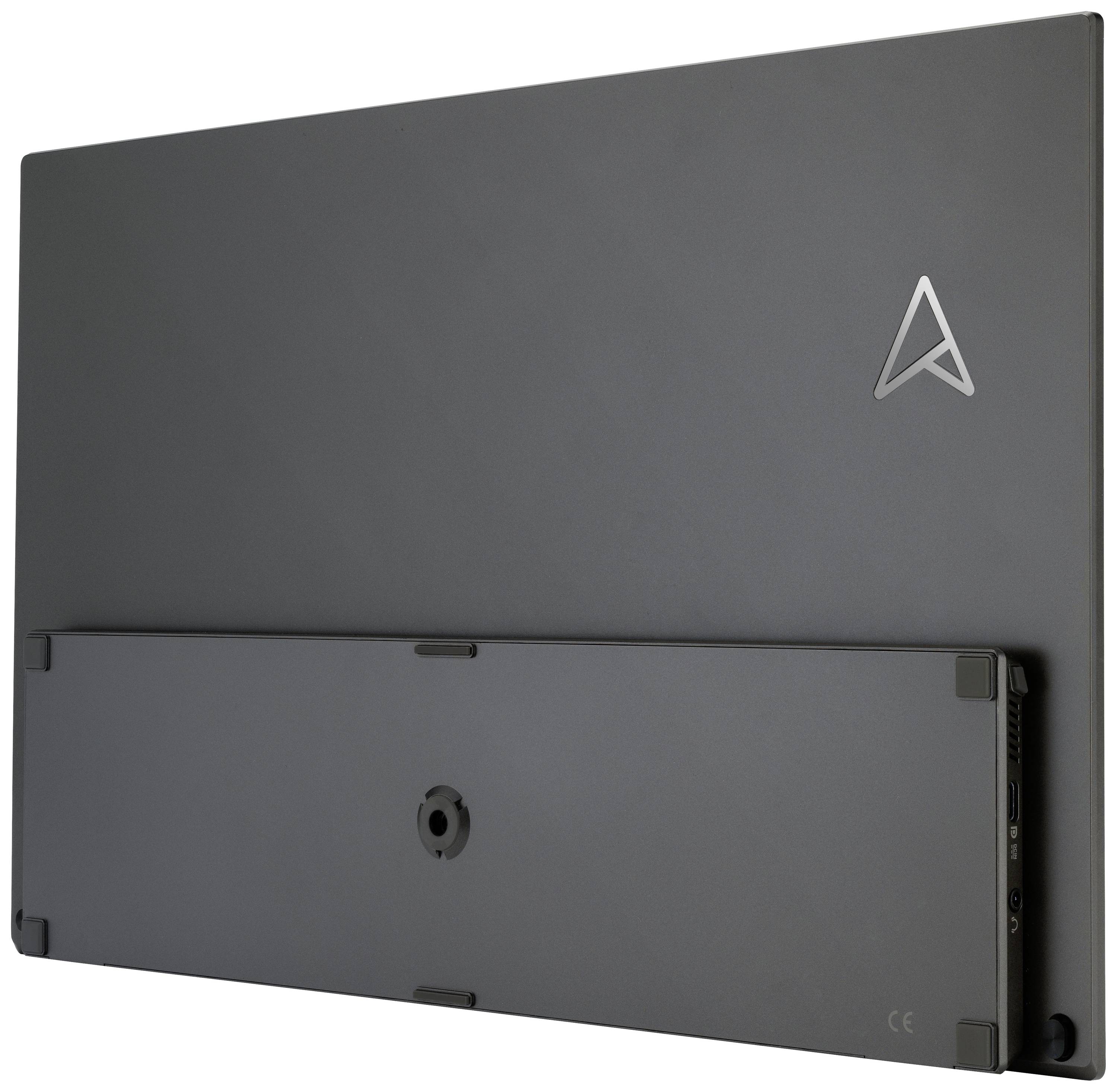 A grey computer monitor viewed from behind, featuring a distinctive triangular logo in the top right corner.