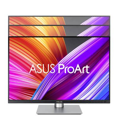 An ASUS ProArt monitor with vibrant, coloured stripes across the screen. The 'ASUS ProArt' lettering is visible in the centre of the display.