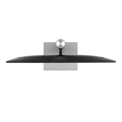 Flat monitor viewed from above, black casing, silver stand; modern, minimalist design.