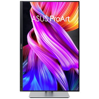 An ASUS ProArt monitor with colourful, curved patterns on the display.