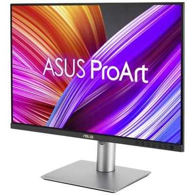 'ASUS ProArt' Monitor with a colourful abstract background on the display. The screen sits on a rigid, silver stand.