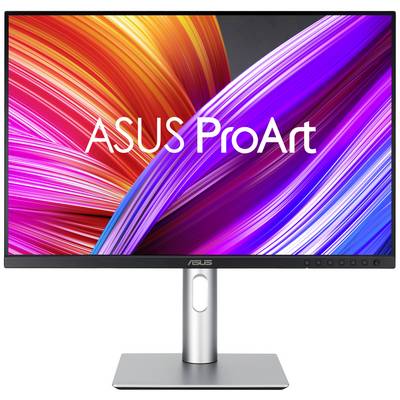 An ASUS ProArt monitor with luminous, colourful graphic patterns. The key feature is the display of vibrant colours.