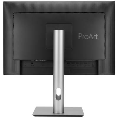 A computer monitor from behind, model 'ProArt', with a sturdy metal stand and multiple ports at the rear.